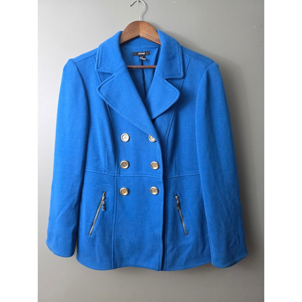 Alfani Womens Royal Blue Double Breasted Pea Coat Jacket Gold Buttons Size 8